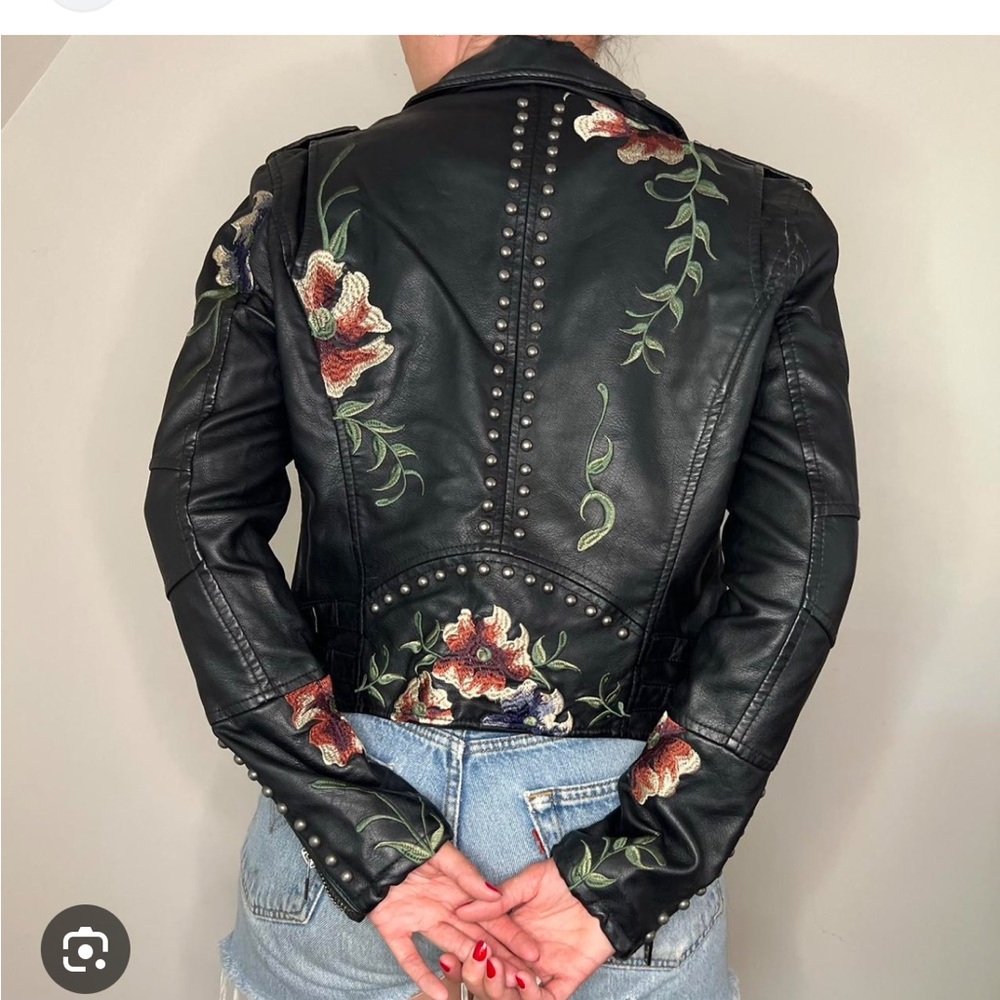 Blank NYC Black Leather Jacket with Floral Embroidery